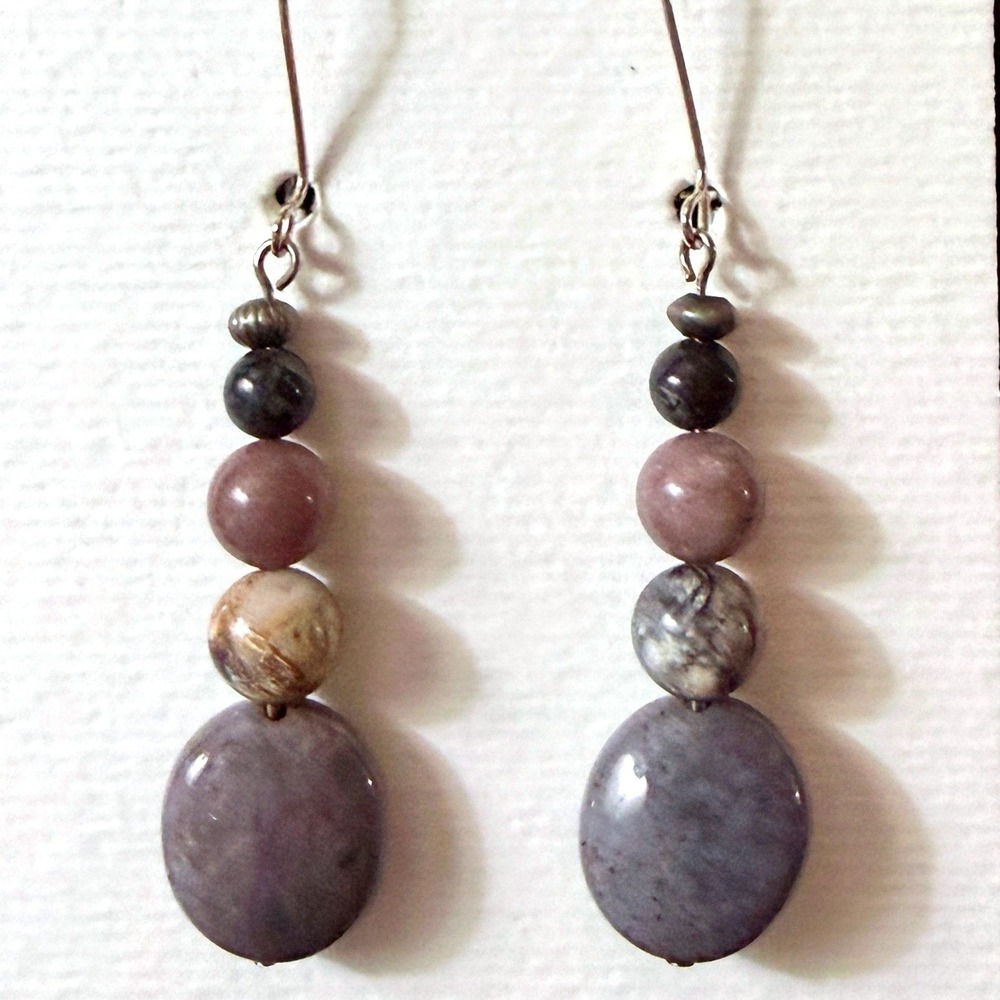 Natural Stone Bead Drop Earrings Pink Grey‎ Handmade Stephanie Aune Artist J3012